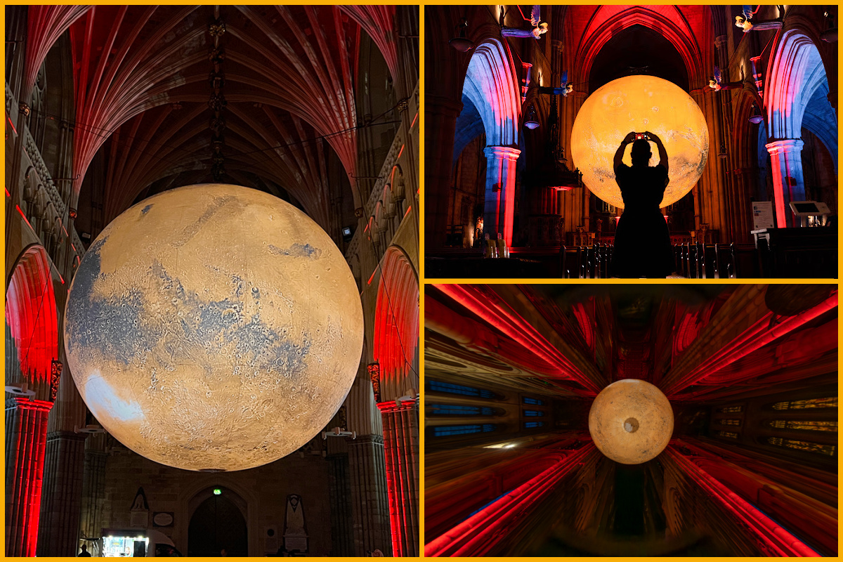 A collage of images of a planet installation (image credit from left to right) Amy Haynes & Exeter Cathedral, Dave Parry - Press Association, Terry Harris.